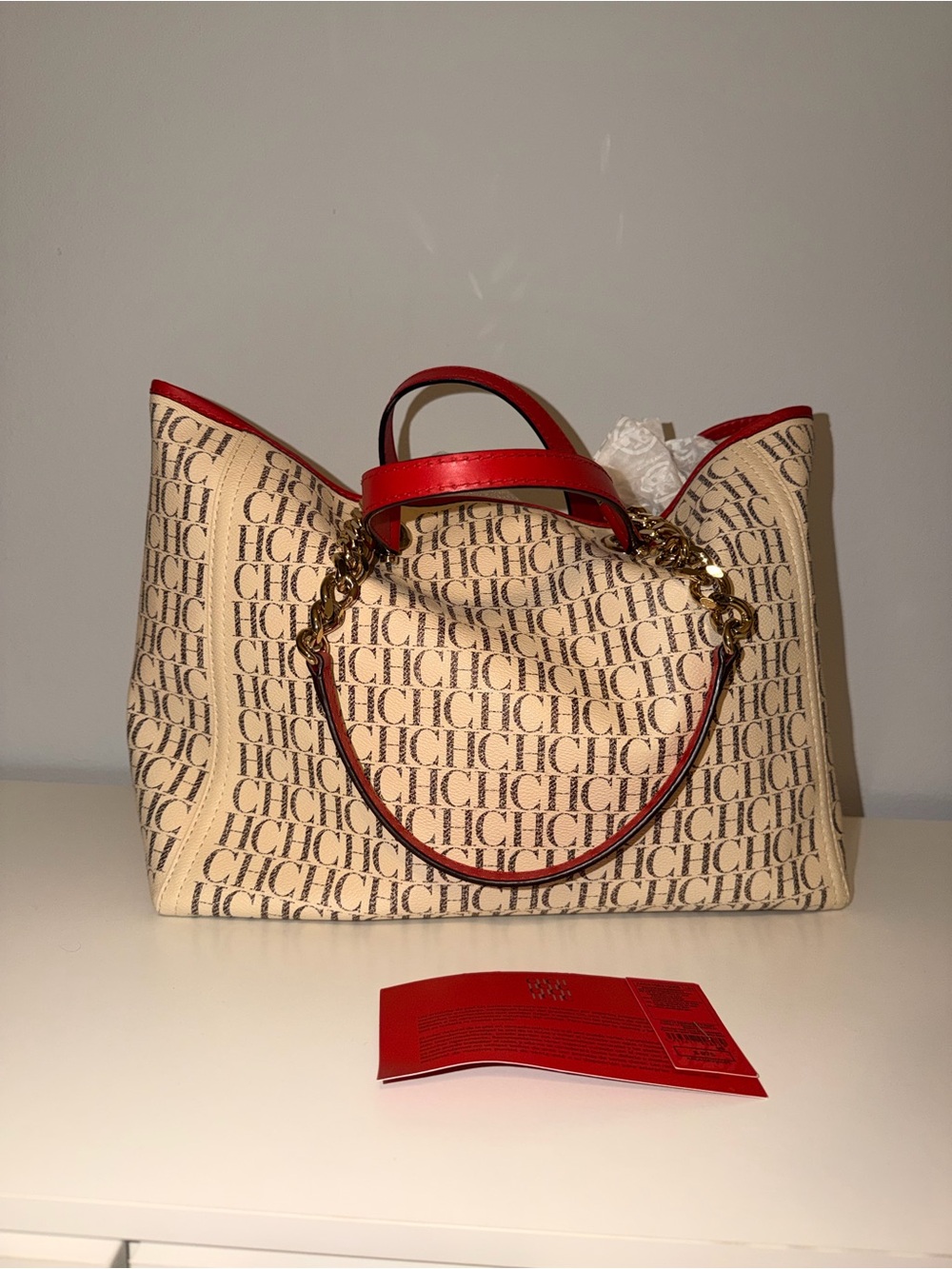 Carolina Herrera Beige Logo Tote with Red Trim and Gold Chains